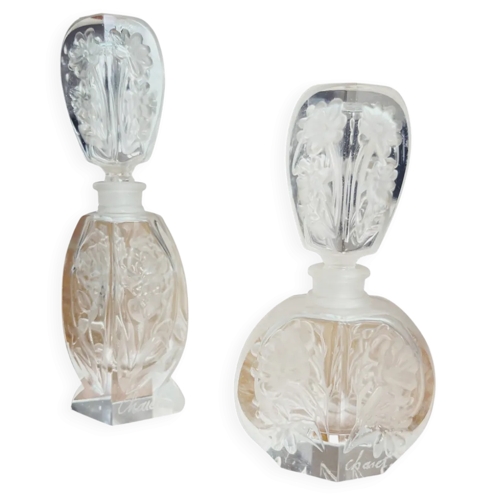 Paire de flacons à parfum anciens en cristal dépoli – Signés Charet