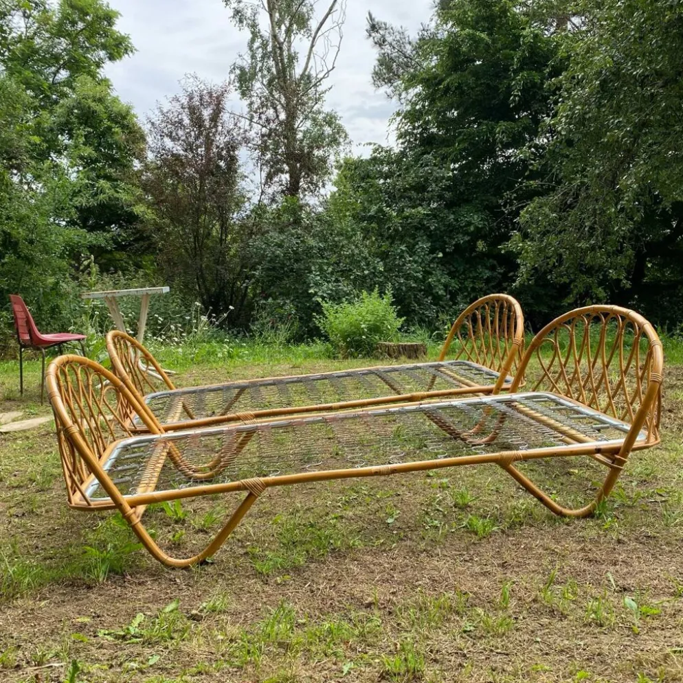 Paire de lit en rotin 1 personne , années 60