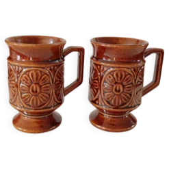 Paire de mugs en céramique sur pied vintage des années 1970 – style poterie britannique rétro