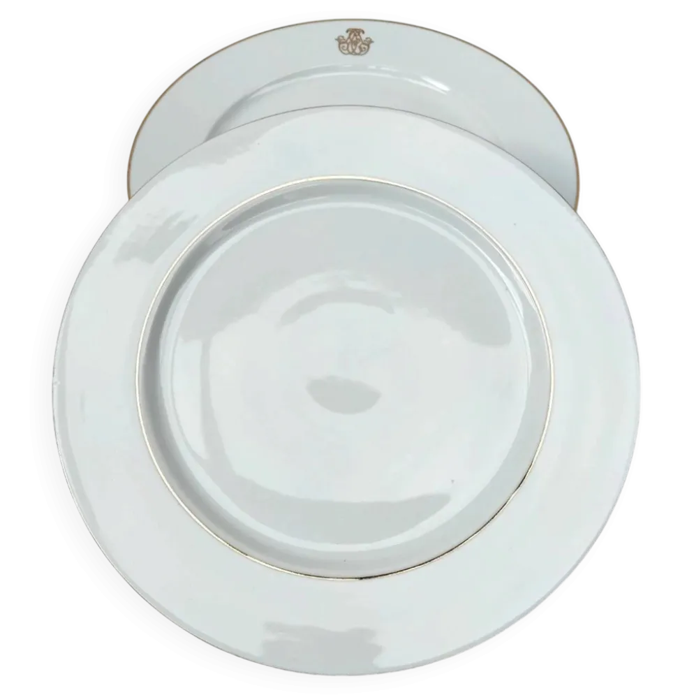 Paire De Plats Ronds Avec Liseret Doré En Porcelaine Blanche D : 29,5 Cm