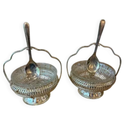 Paire de serviteurs, coupelles à confiture vintage en verre moulé et métal argenté