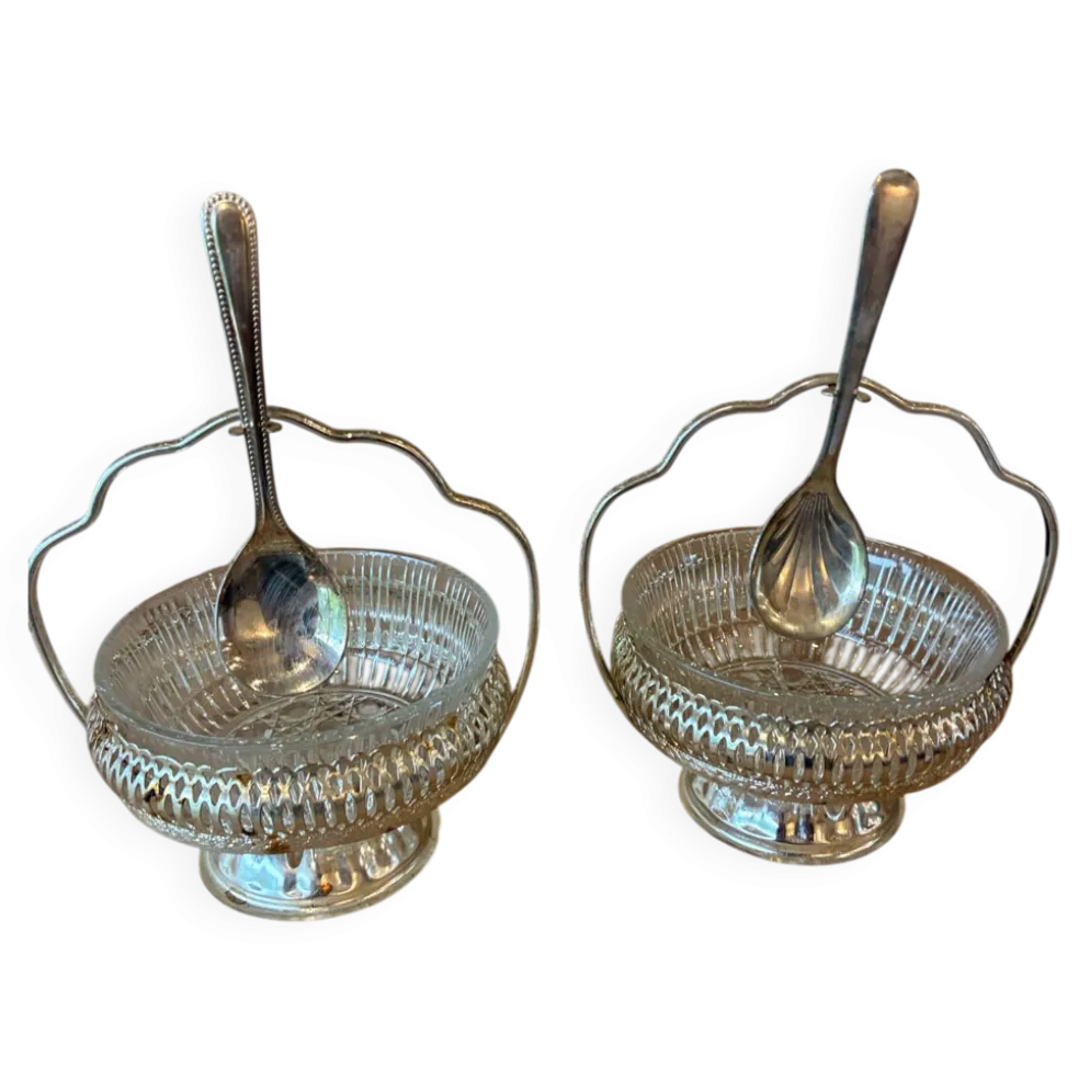 Paire de serviteurs, coupelles à confiture vintage en verre moulé et métal argenté