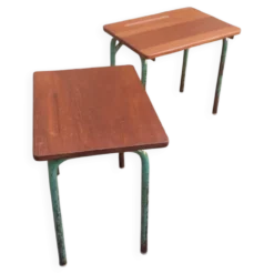Paire de table année 60 en métal tubulaire et teck massif