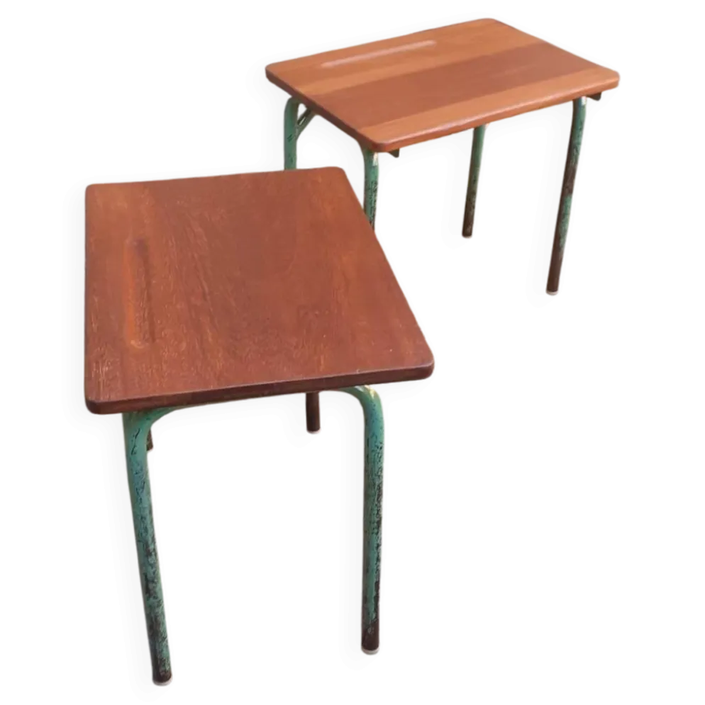 Paire de table année 60 en métal tubulaire et teck massif
