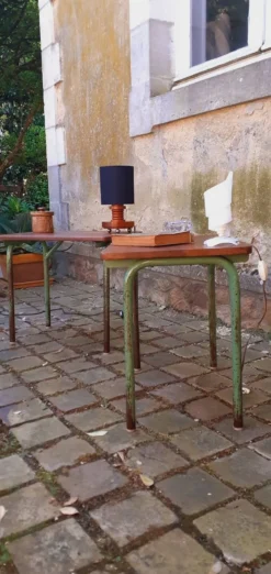 Paire de table année 60 en métal tubulaire et teck massif