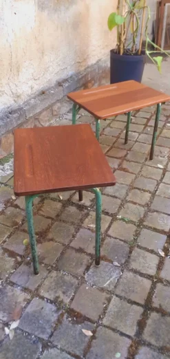 Paire de table année 60 en métal tubulaire et teck massif