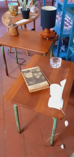 Paire de table année 60 en métal tubulaire et teck massif