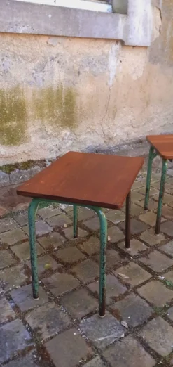 Paire de table année 60 en métal tubulaire et teck massif