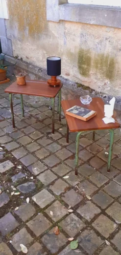 Paire de table année 60 en métal tubulaire et teck massif