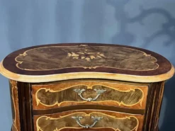 Paire de tables de chevet de style rococo avec marqueterie en bois précieux.