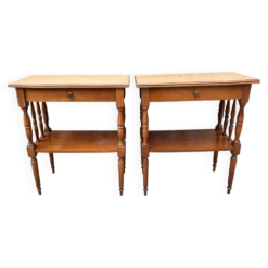 Paire de tables de chevet ou bouts de canapé double plateau bois tourné Sty