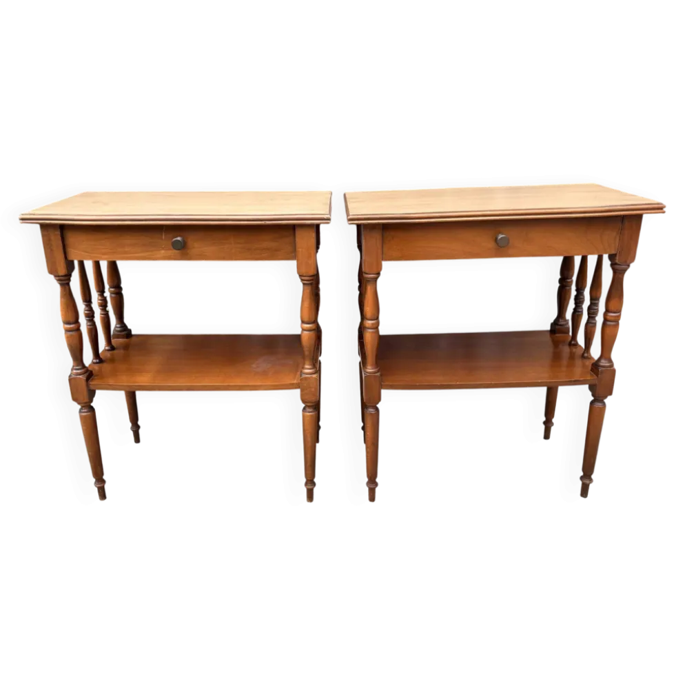 Paire de tables de chevet ou bouts de canapé double plateau bois tourné Sty