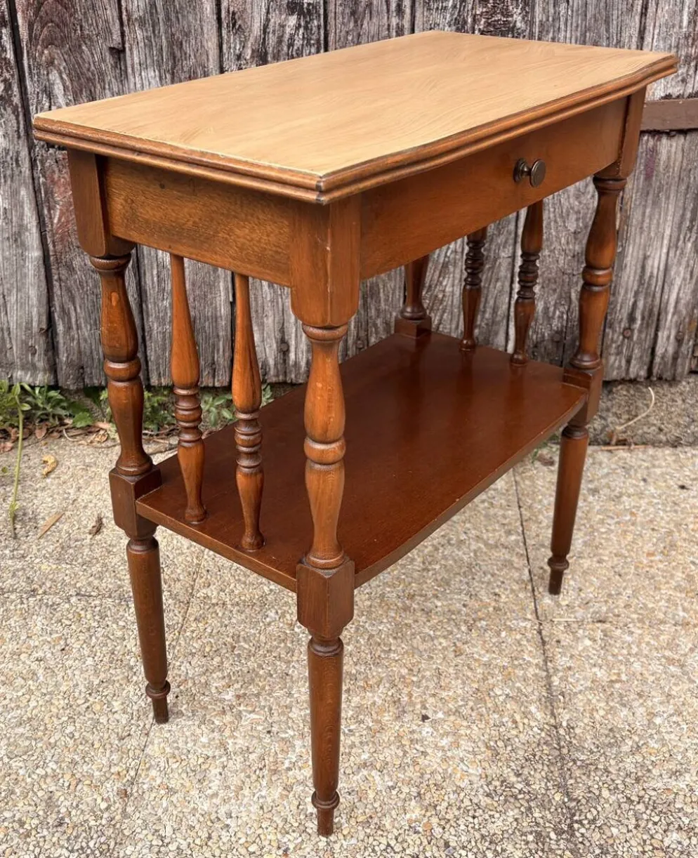 Paire de tables de chevet ou bouts de canapé double plateau bois tourné Sty