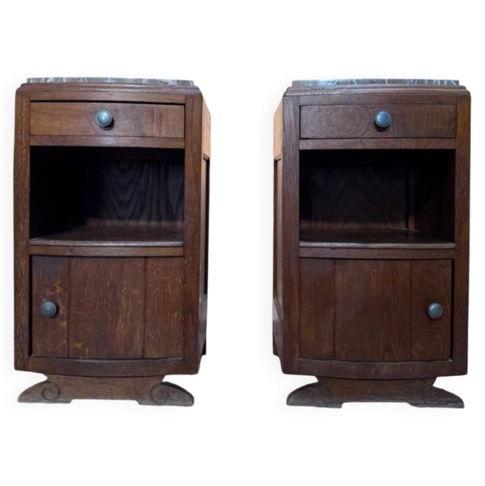 Paire de tables de chevet – Époque Art Déco – Chêne massif et marbre