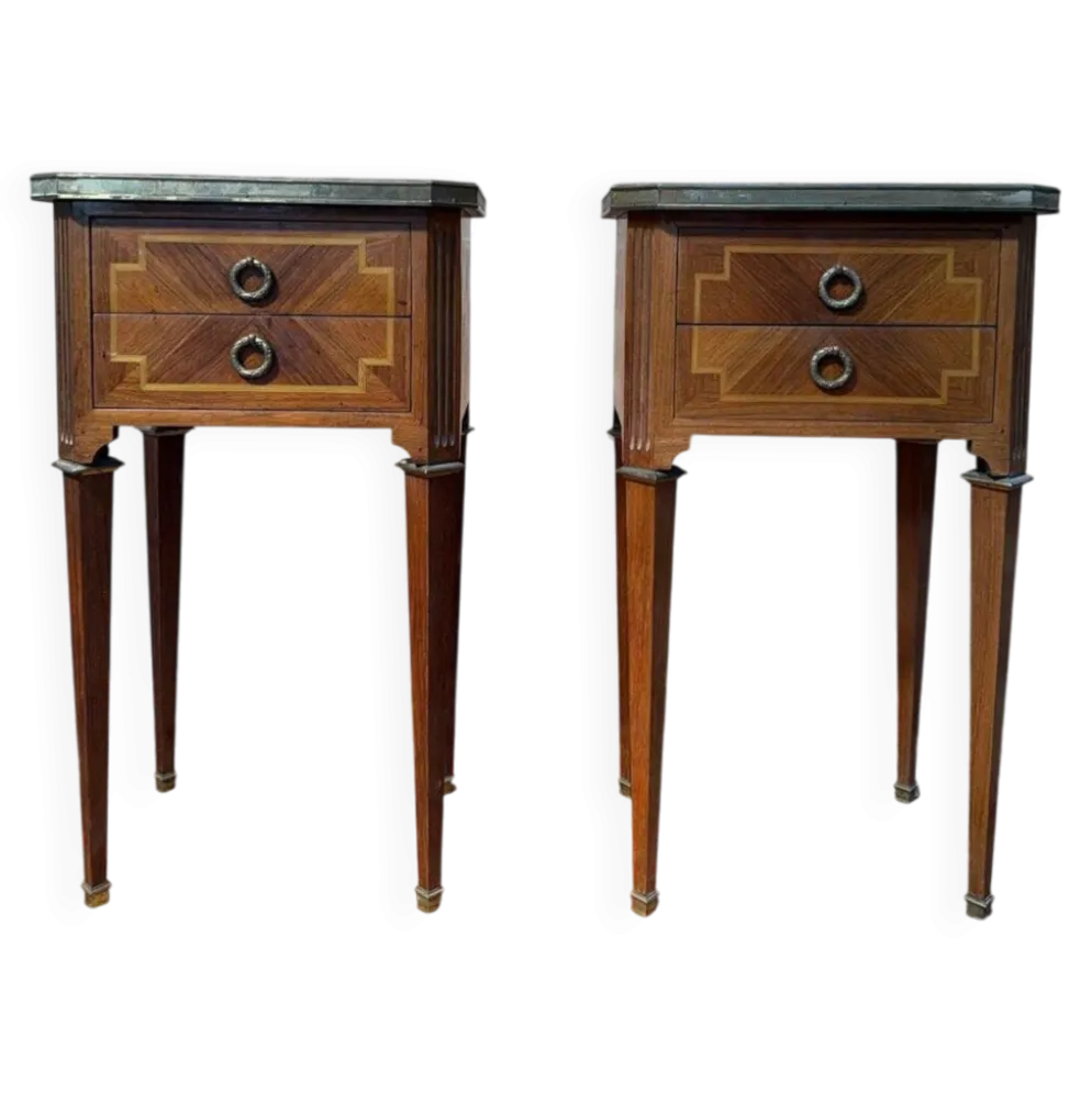 Paire de tables de chevet Style Louis XVI – Maison Gouffé – Marqueterie & Marbre