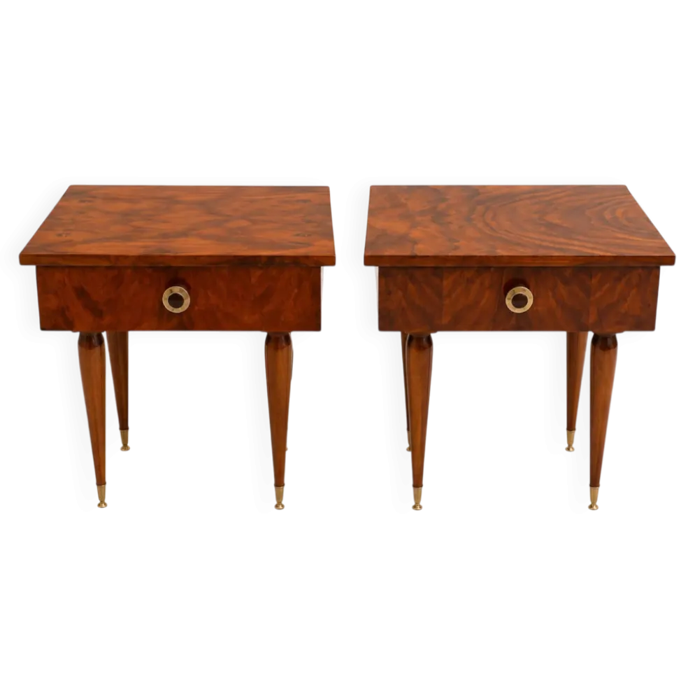 Paire de tables de chevets vintage en bois plaqué à finition brillante