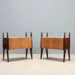 Paire de tables de chevet vintage en hêtre et verre, design Italie, années 1960