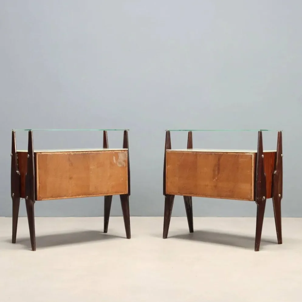 Paire de tables de chevet vintage en hêtre et verre, design Italie, années 1960