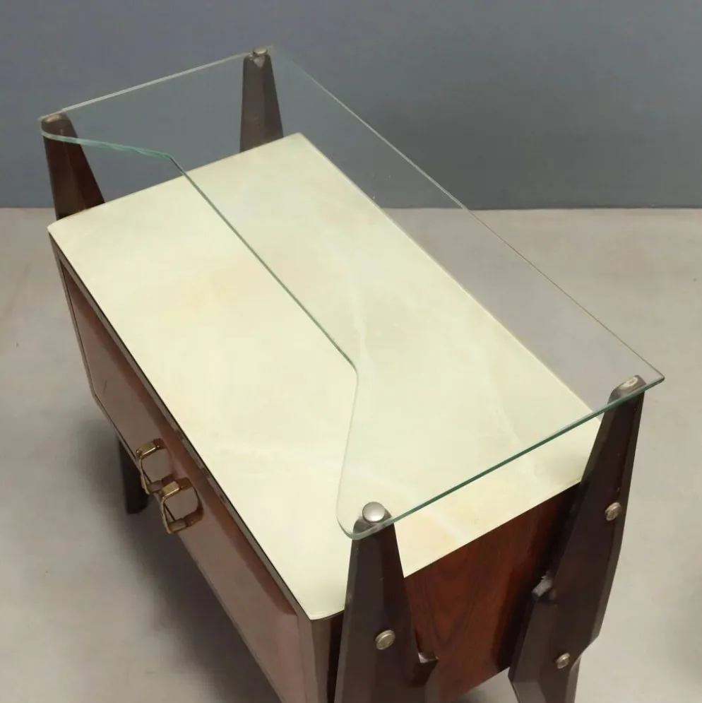 Paire de tables de chevet vintage en hêtre et verre, design Italie, années 1960