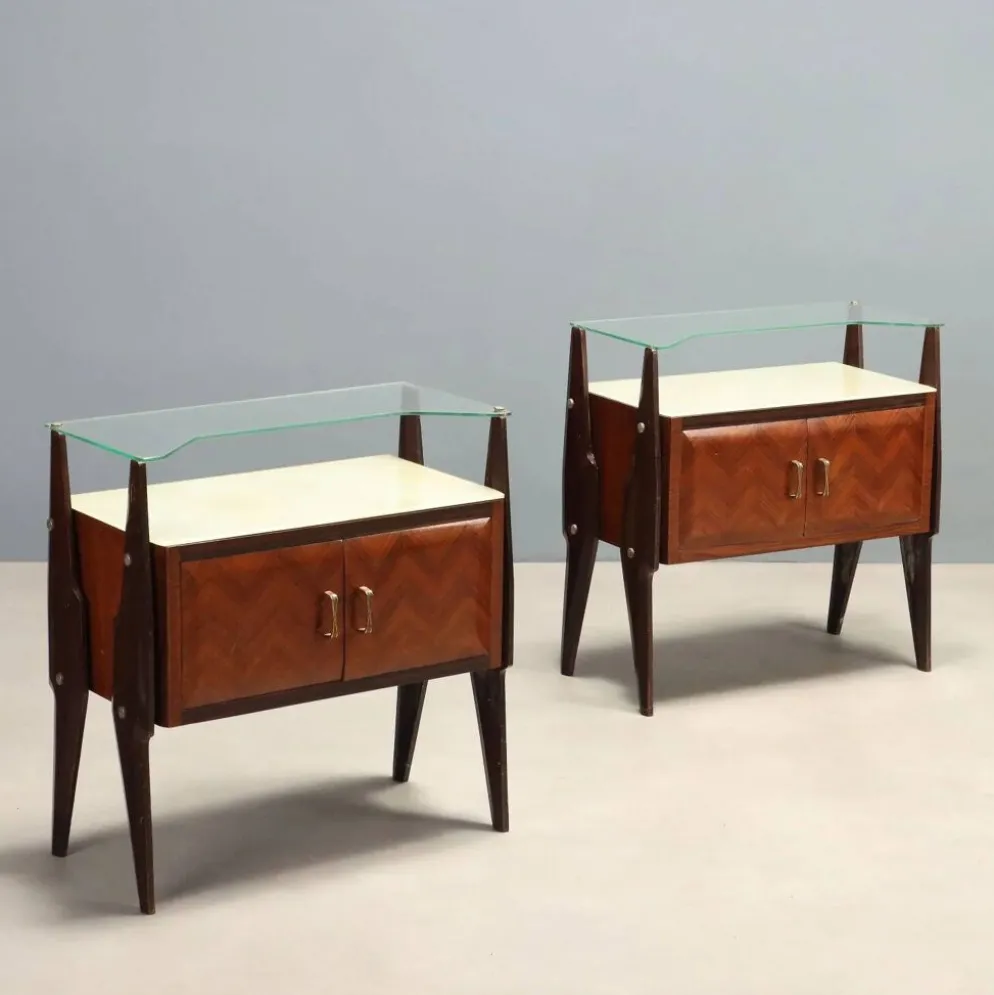 Paire de tables de chevet vintage en hêtre et verre, design Italie, années 1960