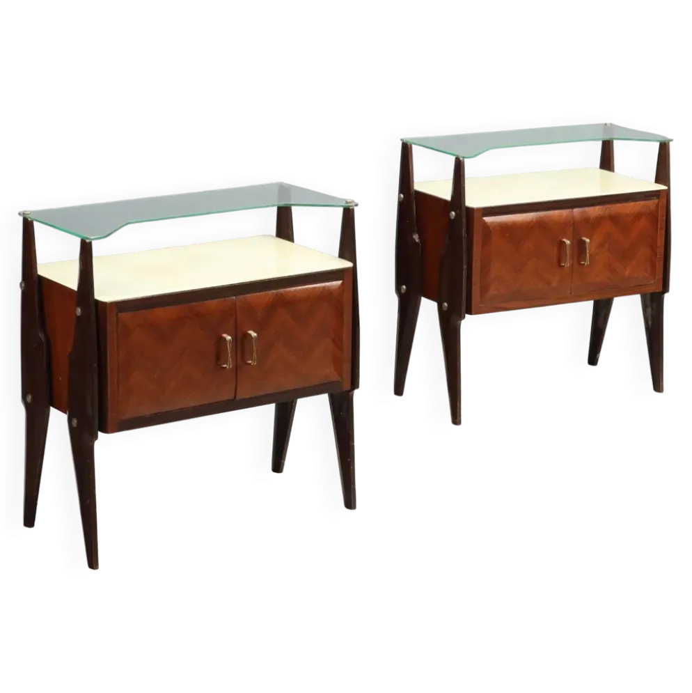 Paire de tables de chevet vintage en hêtre et verre, design Italie, années 1960