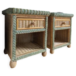 Paire de tables de chevet vintage en rotin tressé et osier 70/80