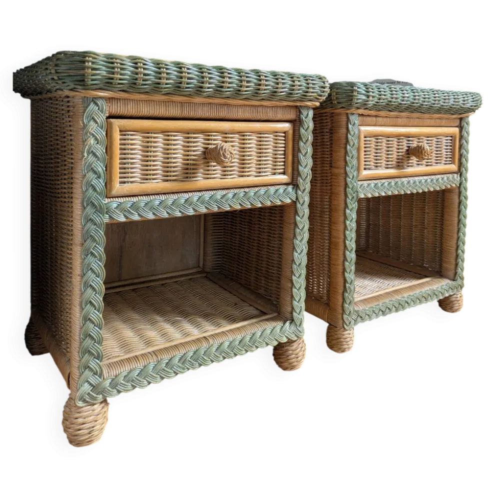 Paire de tables de chevet vintage en rotin tressé et osier 70/80