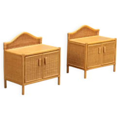 Paire de tables de chevet vintage en osier tressé et hêtre, design italien des années 1980.