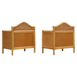 Paire de tables de chevet vintage en osier tressé et hêtre, design italien des années 1980.