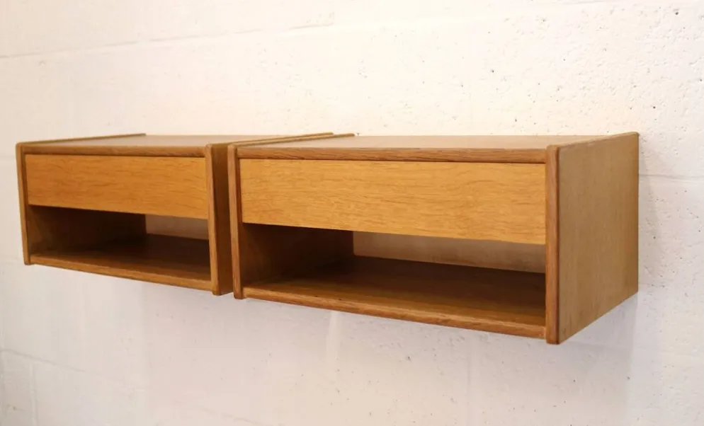 Paire de tables de nuit flottantes vintage en chêne design danois années 1970 scandinave