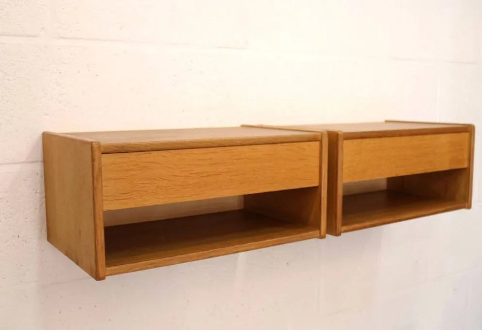 Paire de tables de nuit flottantes vintage en chêne design danois années 1970 scandinave