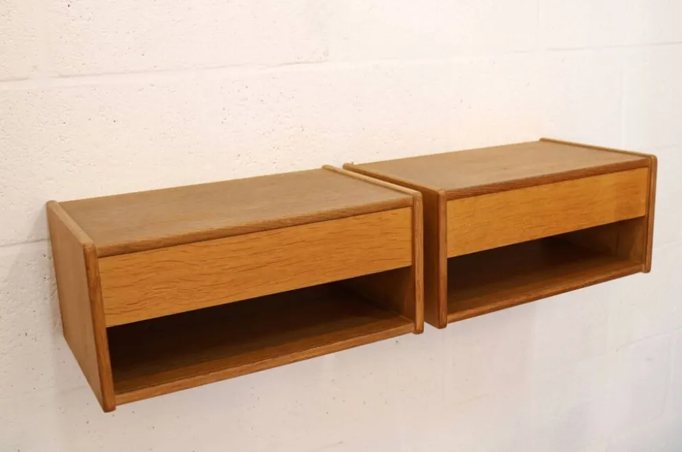Paire de tables de nuit flottantes vintage en chêne design danois années 1970 scandinave