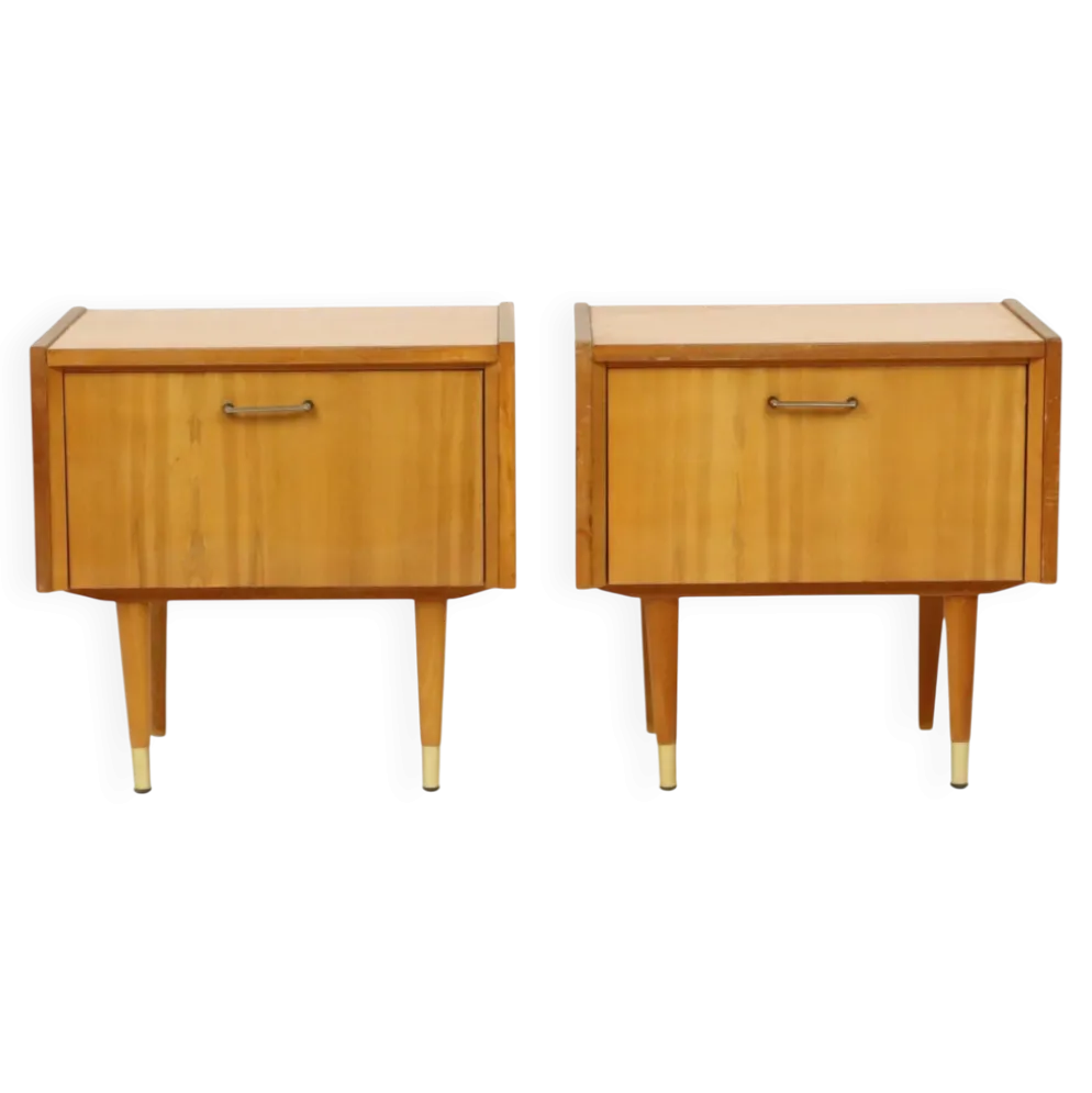 Paire de tables de nuit vintage rockabilly en bois clair