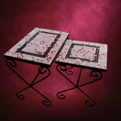 Paire de tables gigognes en fer forgé et mosaïque de céramique – années 50-60