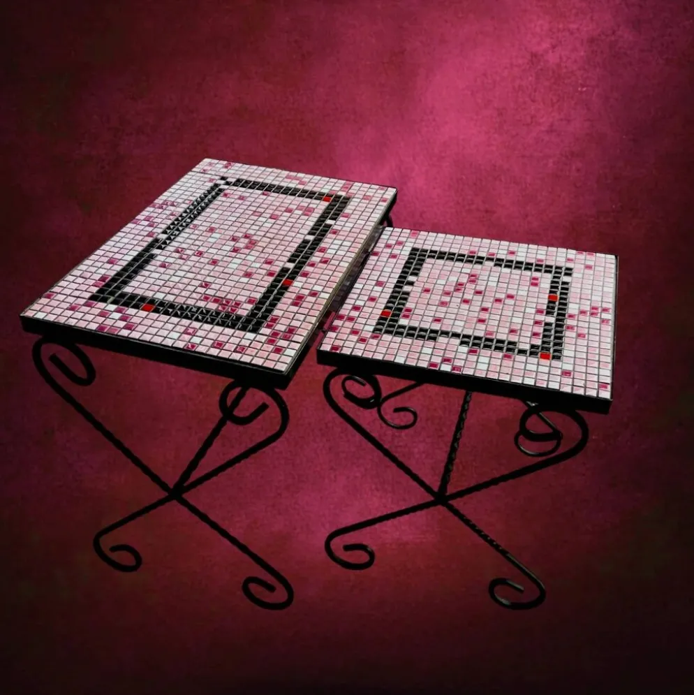 Paire de tables gigognes en fer forgé et mosaïque de céramique – années 50-60
