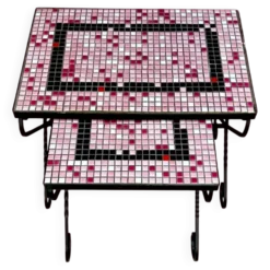 Paire de tables gigognes en fer forgé et mosaïque de céramique – années 50-60