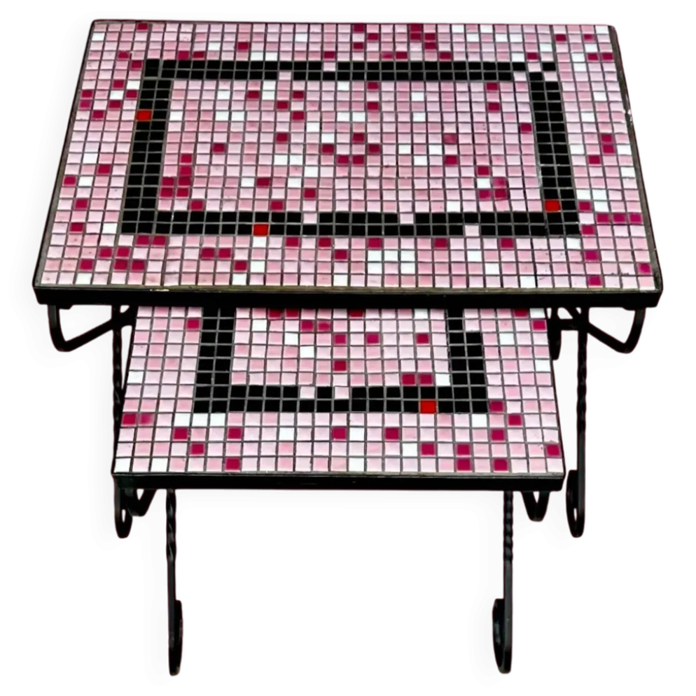 Paire de tables gigognes en fer forgé et mosaïque de céramique – années 50-60