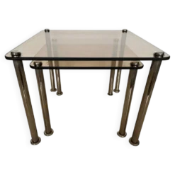 Paire de 2 tables gigognes massives en chrome et verre fumé / vers les années 1980.