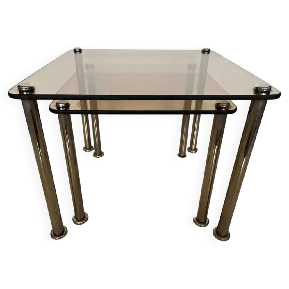 Paire de 2 tables gigognes massives en chrome et verre fumé / vers les années 1980.