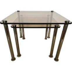 Paire de 2 tables gigognes massives en chrome et verre fumé / vers les années 1980.