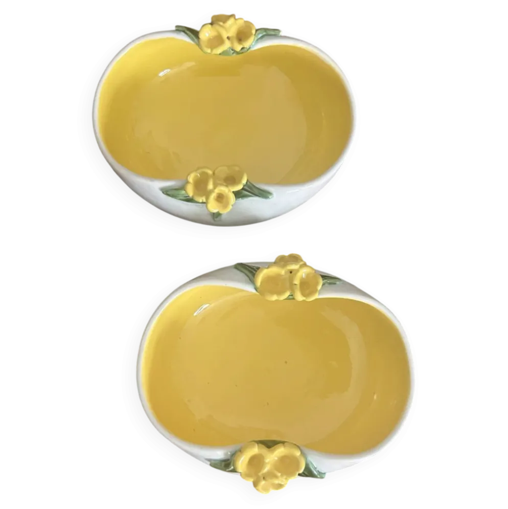 Paire de vide-poches Kéramos Sèvres en céramique jaune à fleurs – années 50 – superbe et décoratif