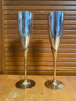 Paire Flûte Champagne Métal Chromé + Doré Vintage #E368