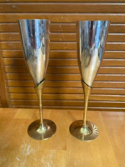 Paire Flûte Champagne Métal Chromé + Doré Vintage #E368