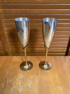 Paire Flûte Champagne Métal Chromé + Doré Vintage #E368
