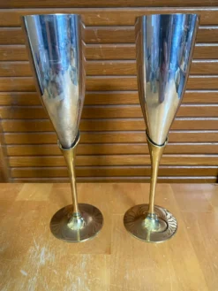 Paire Flûte Champagne Métal Chromé + Doré Vintage #E368