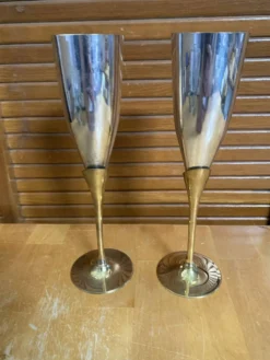 Paire Flûte Champagne Métal Chromé + Doré Vintage #E368