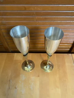 Paire Flûte Champagne Métal Chromé + Doré Vintage #E368