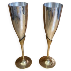 Paire Flûte Champagne Métal Chromé + Doré Vintage #E368