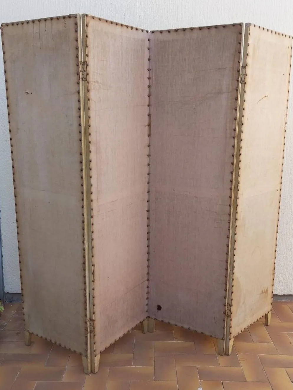 Paravent ancien 4 feuilles bois et tissu