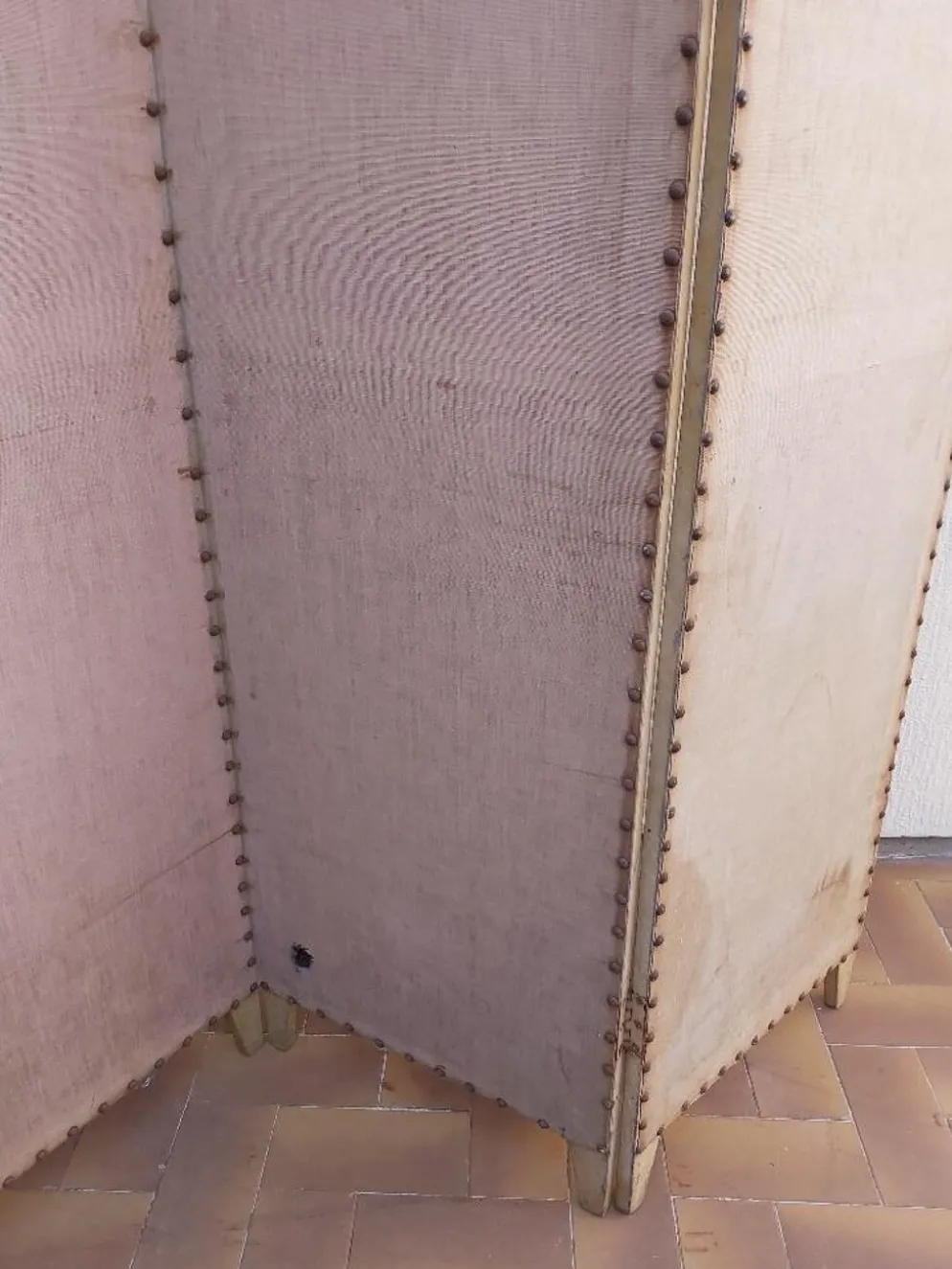 Paravent ancien 4 feuilles bois et tissu